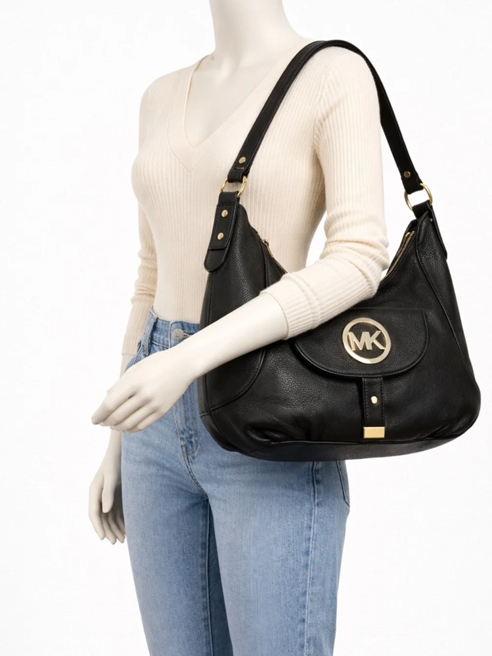 Michael Kors Fulton Hobo Bag Black Leather Gold Logo Shoulder Bag Large - Picture 7 of 7